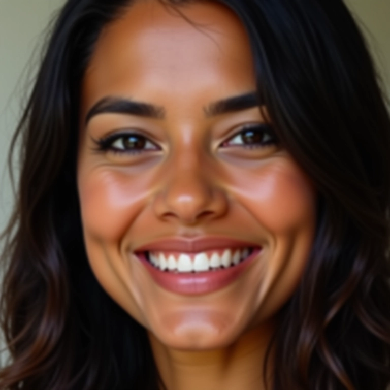 Mulher sorrindo com cabelos escuros e maquiagem capilar sutil.