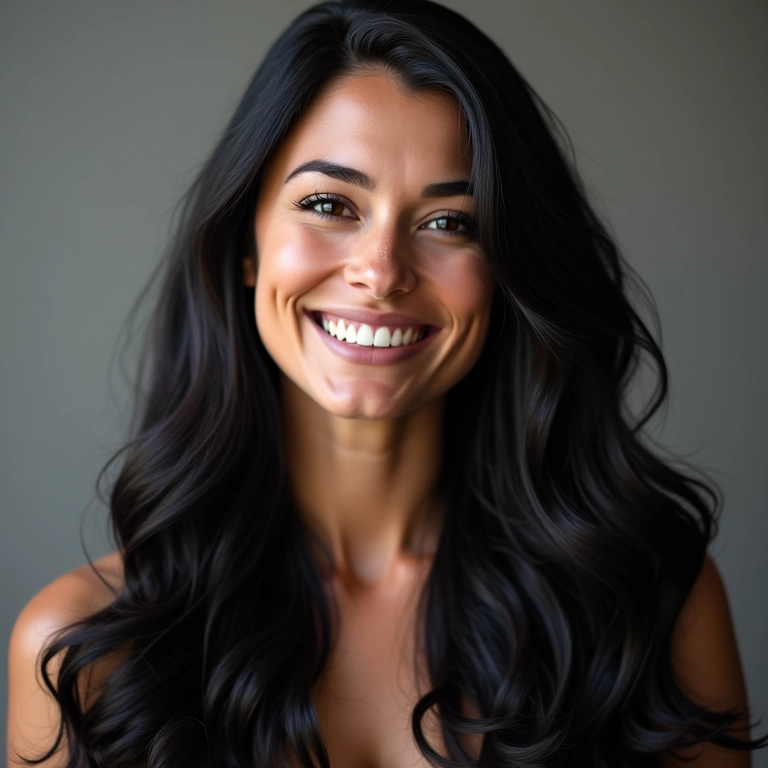 Mulher sorrindo com cabelos escuros e sem fios brancos.