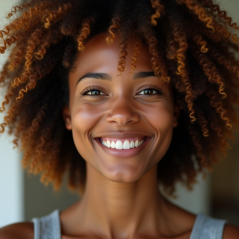 Mulher sorrindo com cabelos saudáveis, representando cuidados com os cabelos.