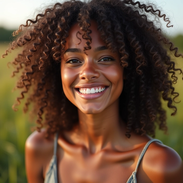 Mulher sorrindo com cachos definidos por dedoliss em cabelo cacheado.