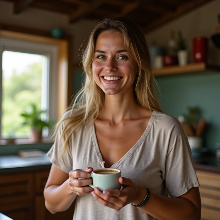 Mulher sorrindo com café: elasticidade para ser mais feliz.