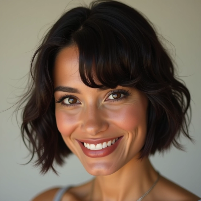 Mulher sorrindo com corte chanel assimétrico moderno e estiloso.