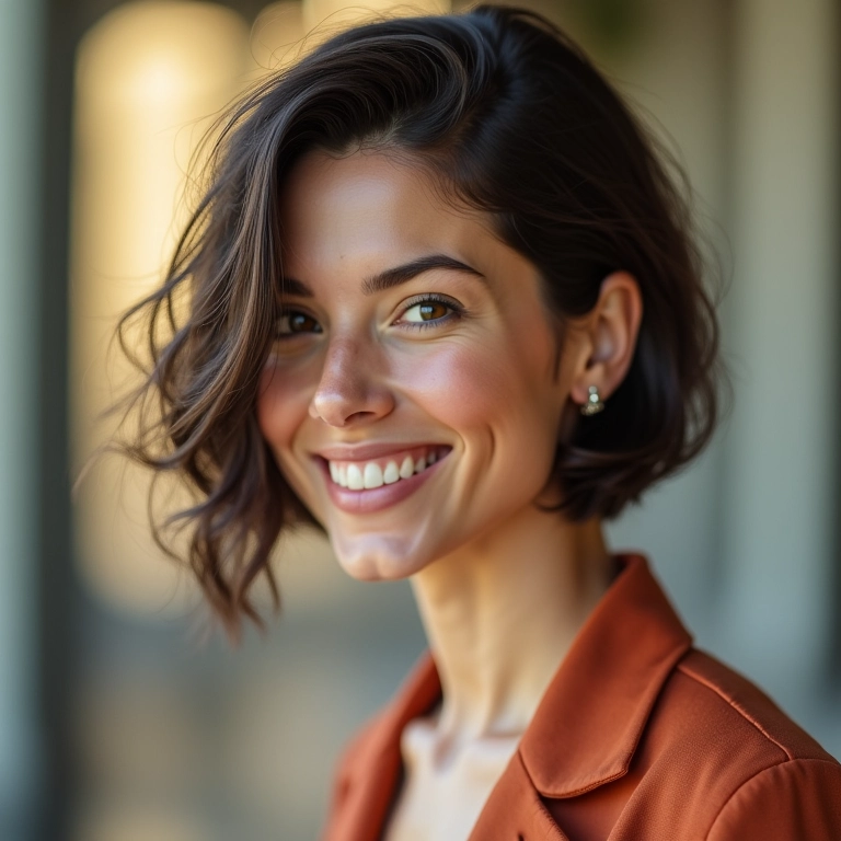 Mulher sorrindo com corte de cabelo americano moderno.