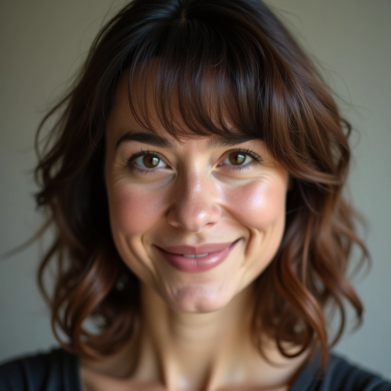 Mulher sorrindo com corte em camadas e franja irregular.