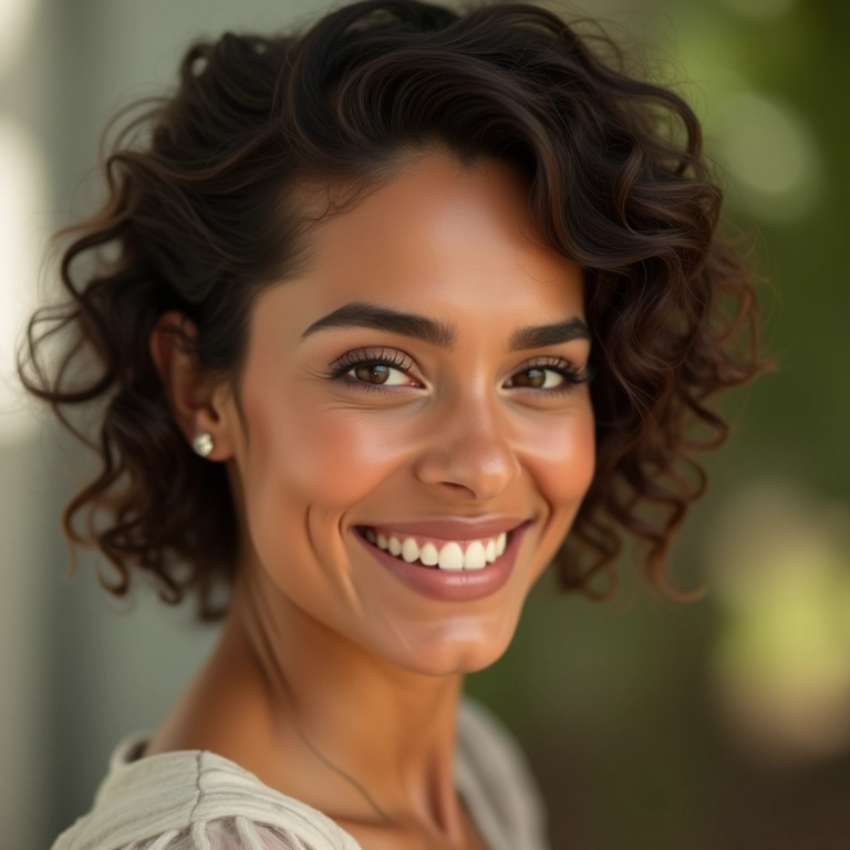 Mulher sorrindo com penteado vintage glamoroso.