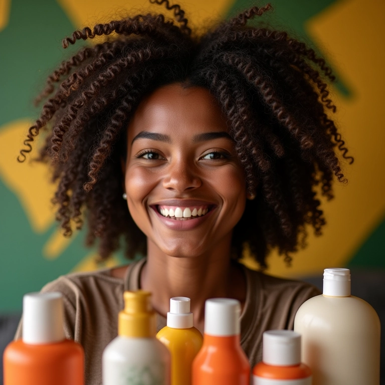Mulher sorrindo com produtos No Poo, cabelo cacheado.