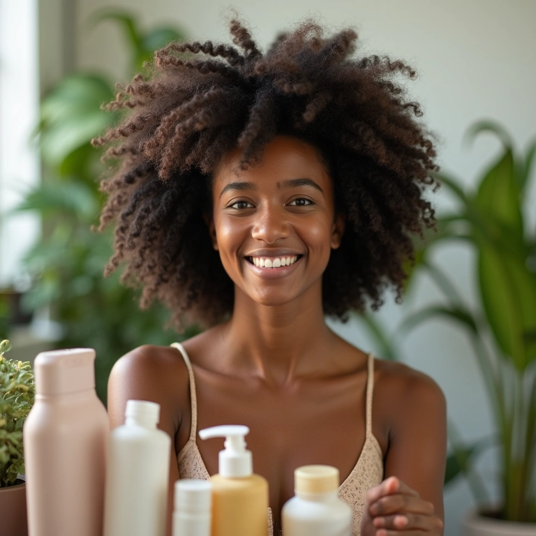 Mulher sorrindo com produtos para cronograma capilar.