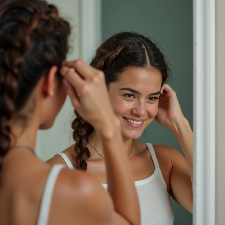 Mulher sorrindo e ajustando trança no espelho.