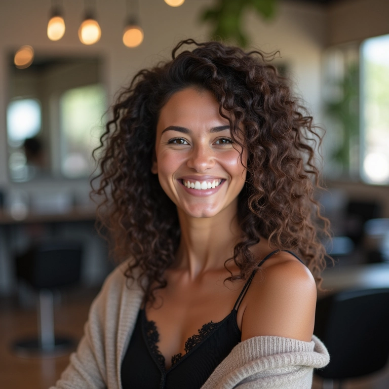 Mulher sorrindo em salão de beleza moderno com diversos cortes de cabelo expostos.