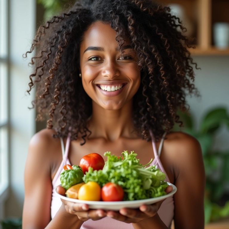 Mulher sorrindo enquanto come uma salada colorida rica em nutrientes.