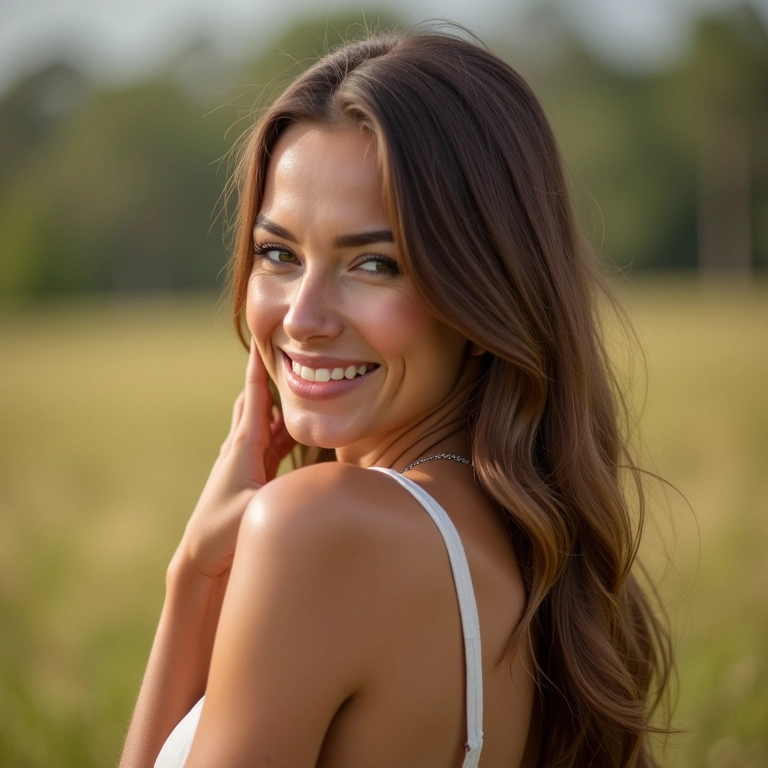 Mulher sorrindo enquanto toca em seus cabelos macios e suaves após o tratamento com Glycolic Gloss.