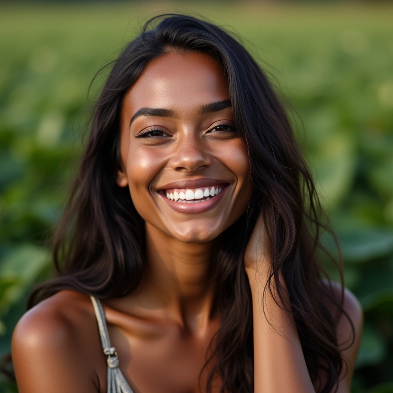 Mulher sorrindo exibindo cabelos saudáveis e brilhantes em cenário vibrante.