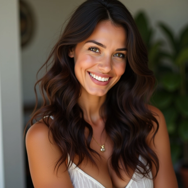Mulher sorrindo, exibindo o brilho intenso do cabelo após umectação.