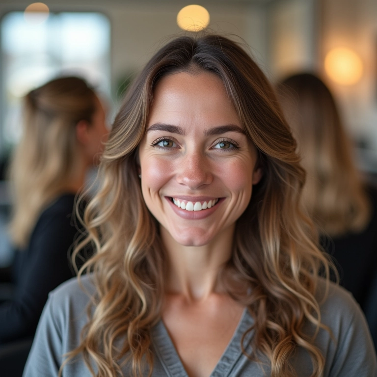 Mulher sorrindo experimentando penteados para disfarçar a calvície em salão de beleza.