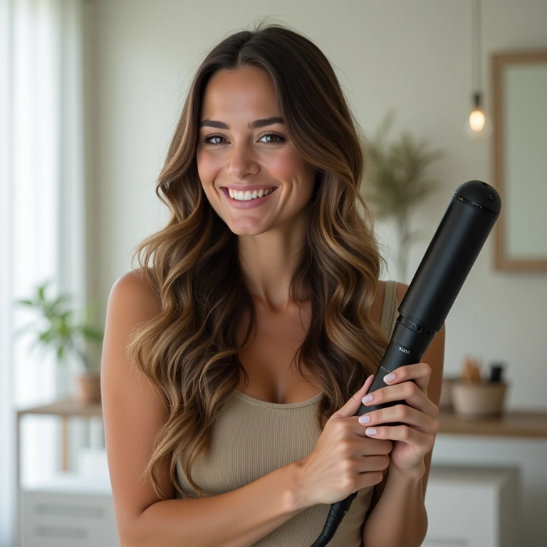 Mulher sorrindo modelando o cabelo com babyliss largo.