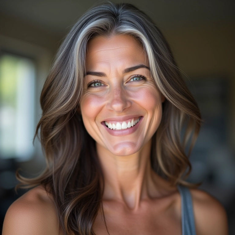 Mulher sorrindo, mostrando a cobertura perfeita dos fios brancos com Imédia Excellence Castanho Acinzentado.