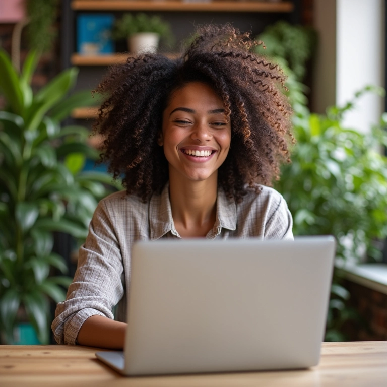 Mulher sorrindo no trabalho: elasticidade para lidar com imprevistos.
