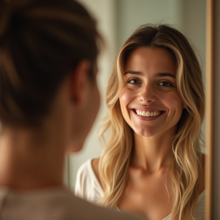 Mulher sorrindo satisfeita com o resultado do cronograma capilar.