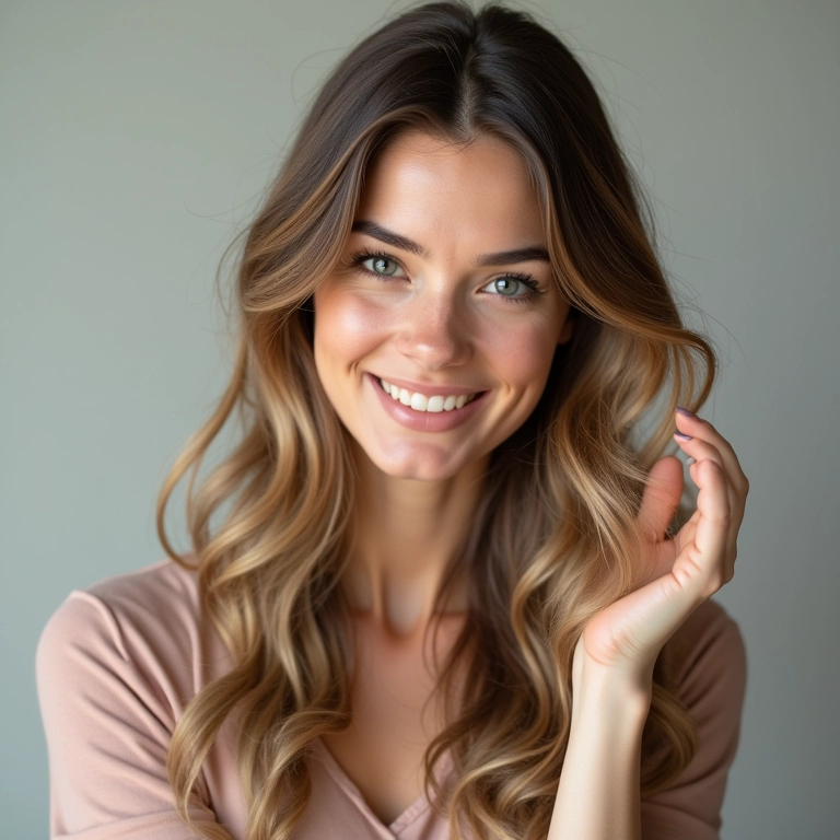 Mulher sorrindo, tocando em seu cabelo louro escuro saudável após coloração.
