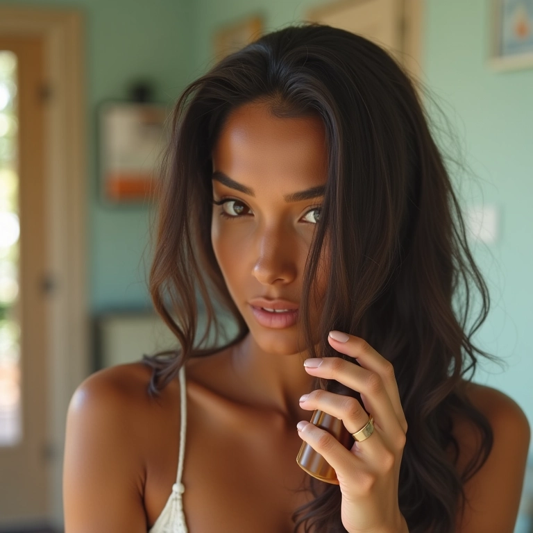 Mulher sorrindo usando spray para cabelo liso e sem frizz.