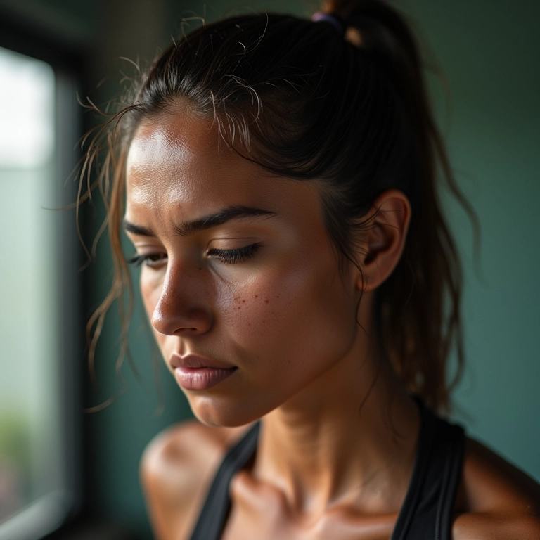 Mulher suando excessivamente após o exercício, com foco na linha do cabelo.