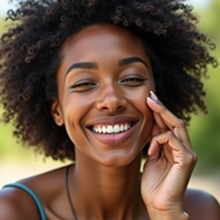 Mulher testando a cor da base na luz natural.