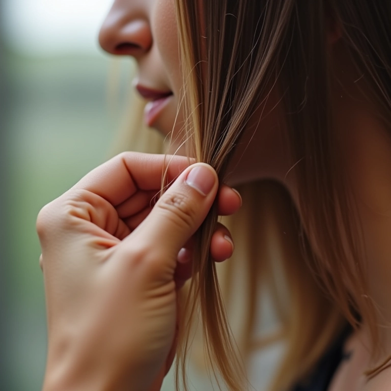 Mulher testando a elasticidade de um fio de cabelo 4C.