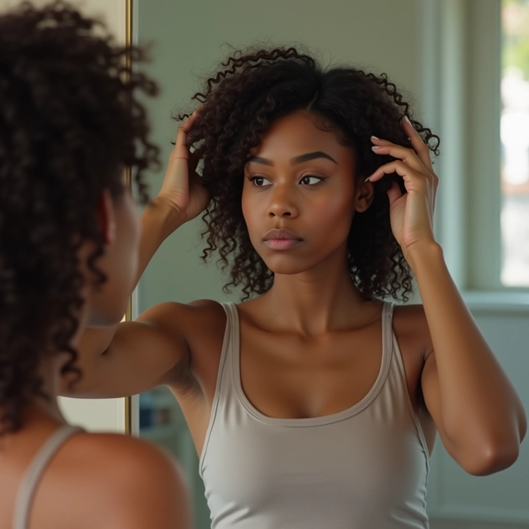 Mulher texturizando o cabelo com paciência em frente ao espelho.