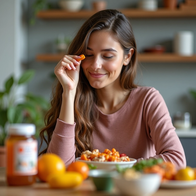 Mulher tomando vitaminas e suplementos capilares para fortalecer os fios.