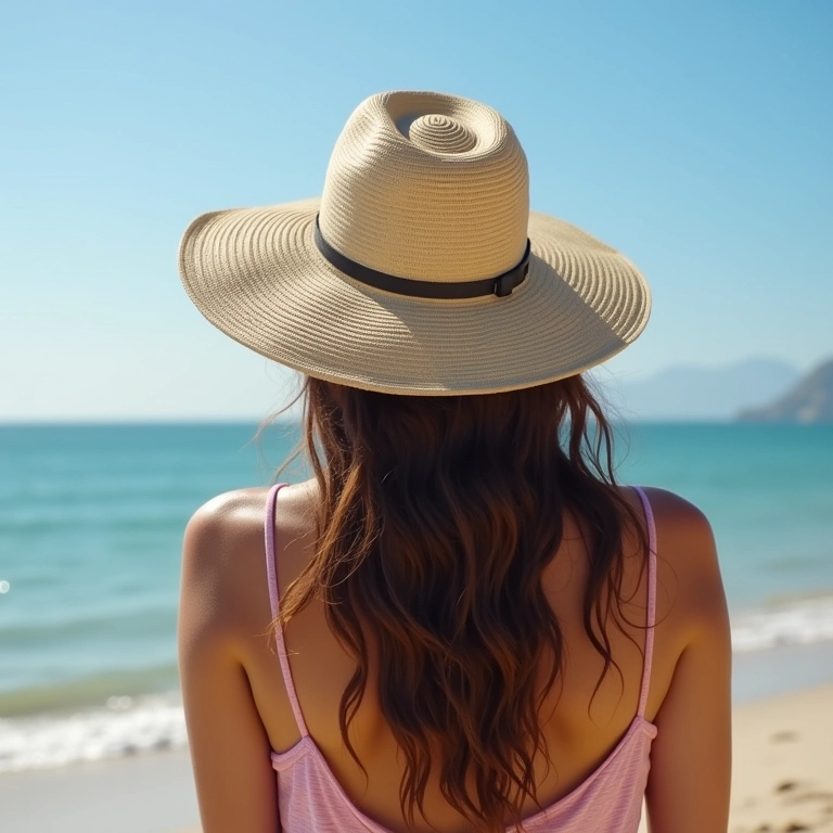 Mulher usando chapéu estiloso na praia, protegendo os cabelos.