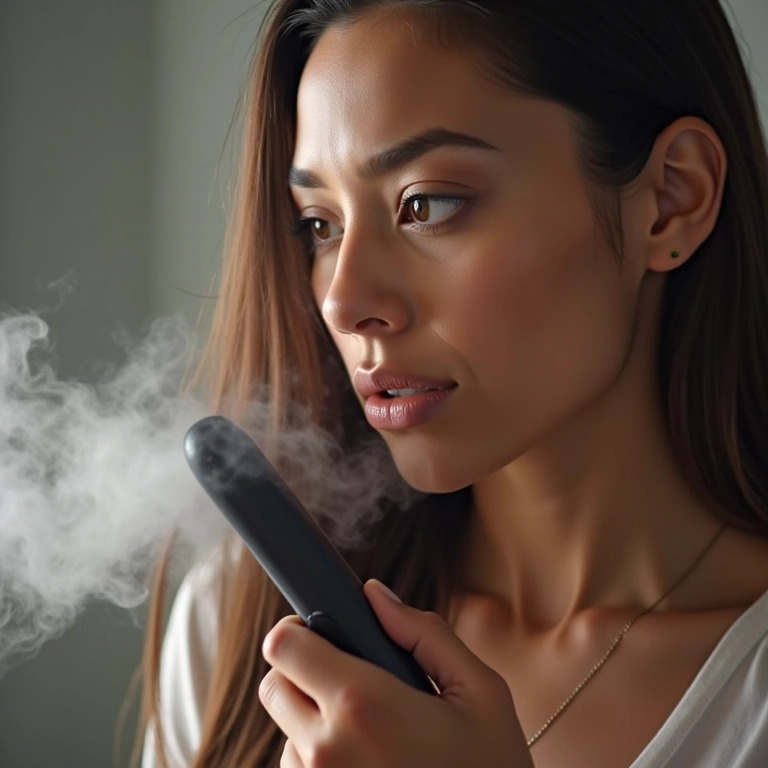 Mulher usando chapinha no cabelo com vapor, sinal de alerta.