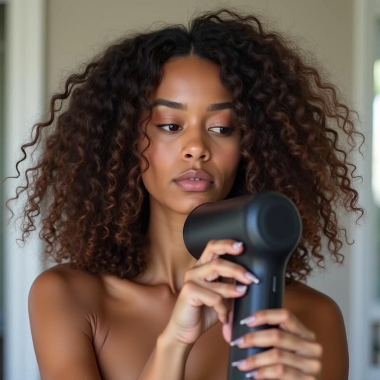 Mulher usando difusor no cabelo cacheado para um 'day after' perfeito.