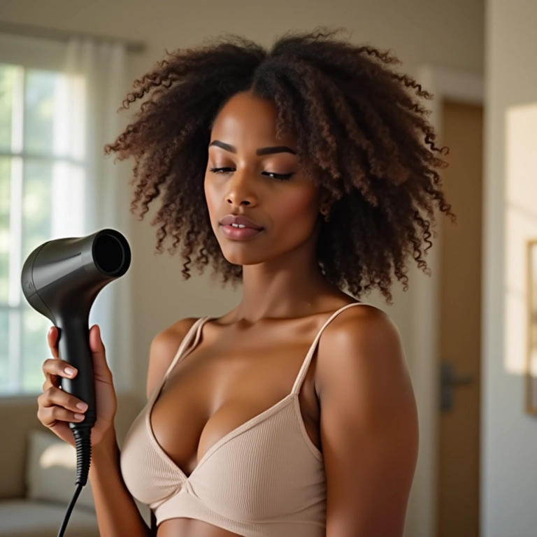 Mulher usando secador após aplicar óleo com proteção térmica.