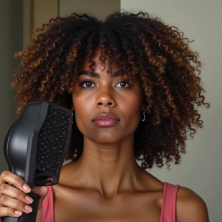 Mulher usando secador com difusor após aplicar gelée com proteção térmica.