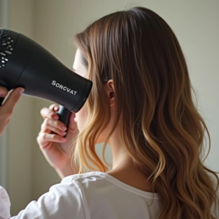 Mulher usando secador de cabelo com protetor térmico.