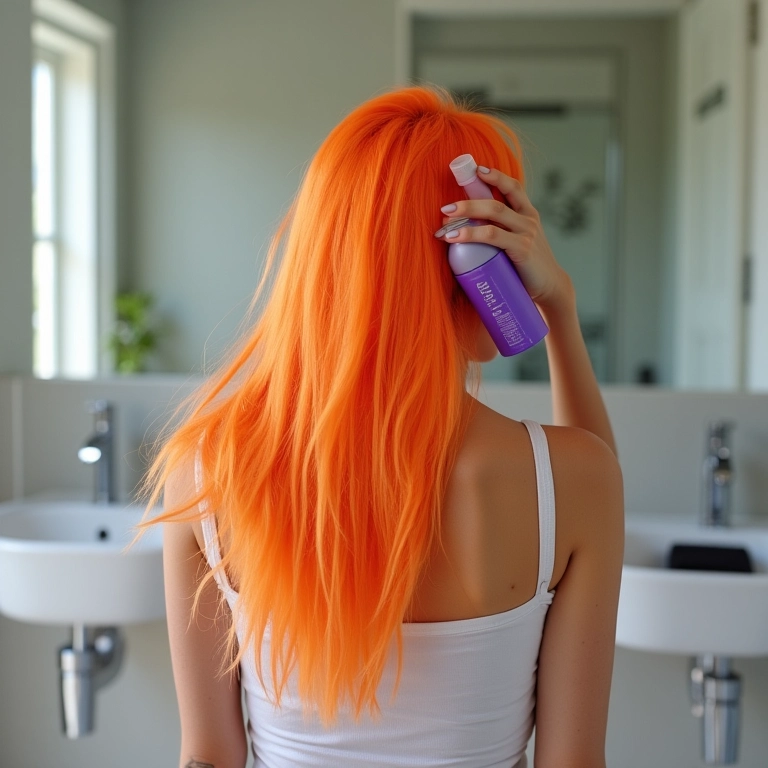 Mulher usando shampoo matizador roxo em cabelo alaranjado.
