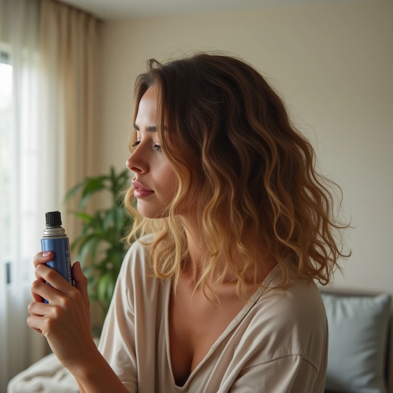 Mulher usando spray de brilho no dia a dia em apartamento iluminado.