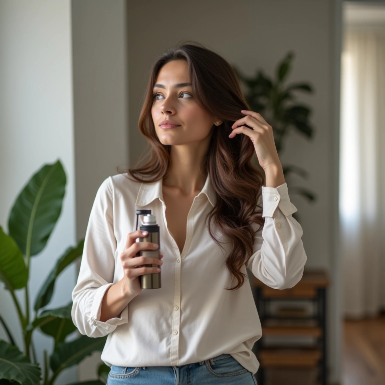 Mulher usando spray de cabelo liso antes de sair para o trabalho.