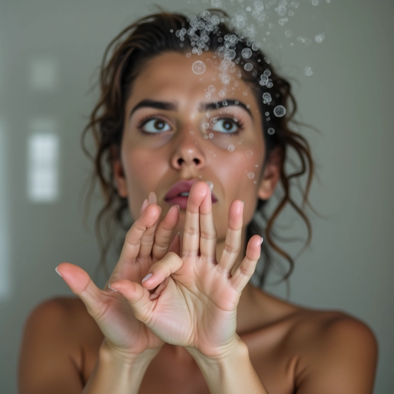 Mulher verificando a temperatura da água antes de lavar o cabelo.