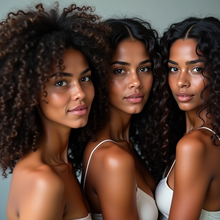 Mulheres brasileiras com diferentes tipos de cabelo usando spray texturizador.
