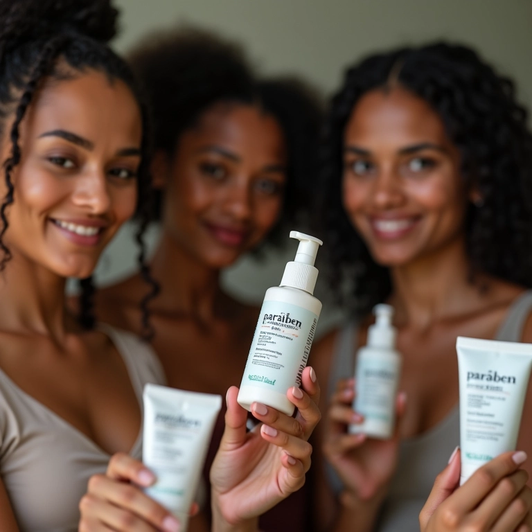 Mulheres brasileiras diversas conferindo rótulos 'sem parabenos' em produtos de skincare.