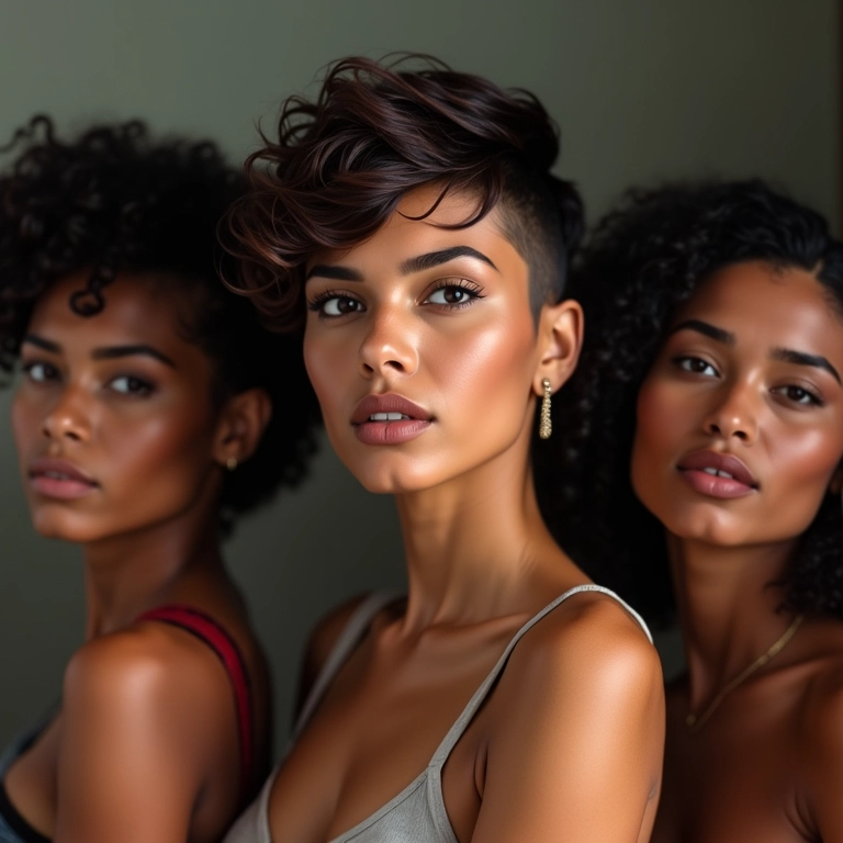 Mulheres brasileiras diversas exibindo cortes de cabelo assimétricos modernos e estilosos.
