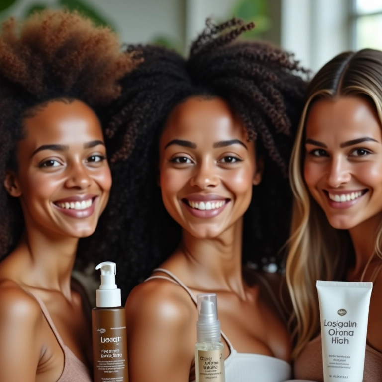 Mulheres brasileiras diversas sorrindo, exibindo cabelos saudáveis e vibrantes com kits capilares.