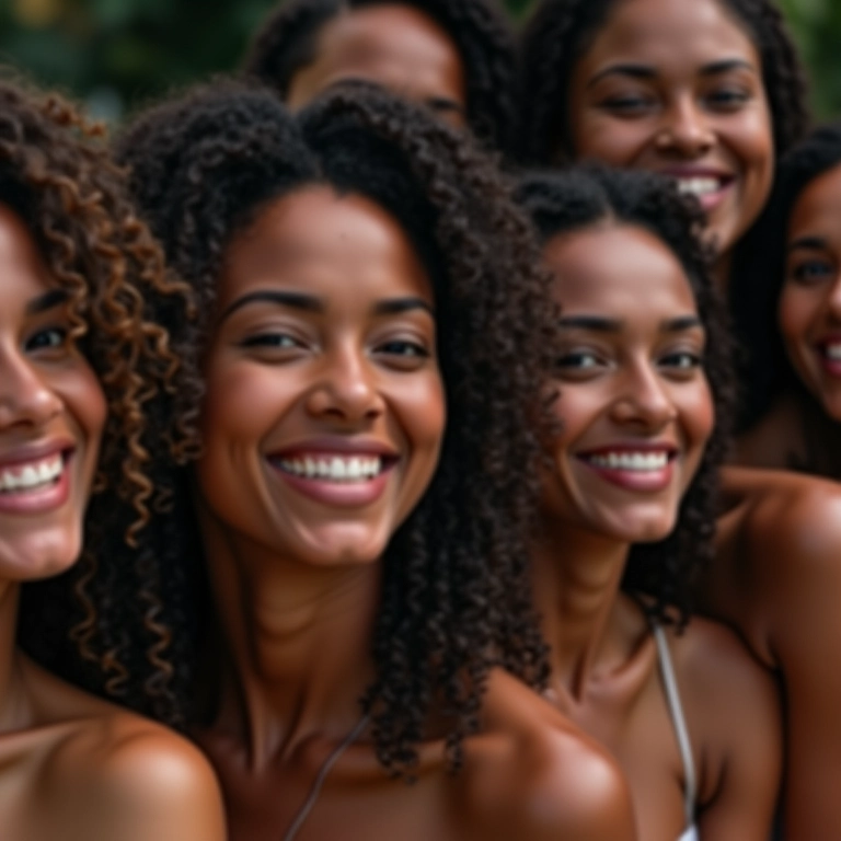 Mulheres brasileiras sorrindo com cabelos saudáveis após implante/transplante capilar.