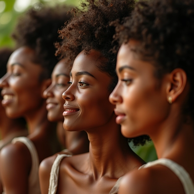 Mulheres diversas aplicando óleo capilar para umectação, cabelos brilhantes e saudáveis.
