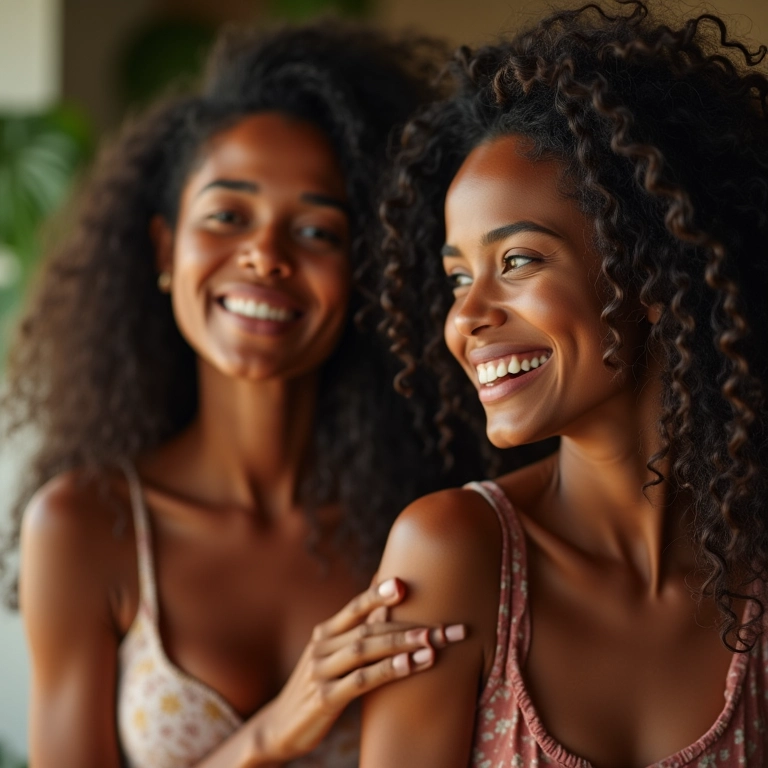 Mulheres diversas aplicando óleo de mamona para o crescimento capilar.