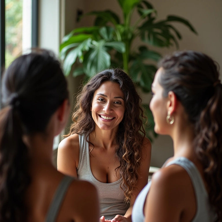 Mulheres diversas discutindo soluções para queda de cabelo em um ambiente acolhedor.
