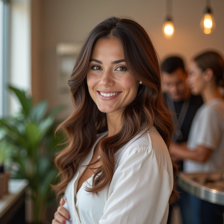Mulheres diversas em salão de beleza moderno, exibindo produtos capilares.