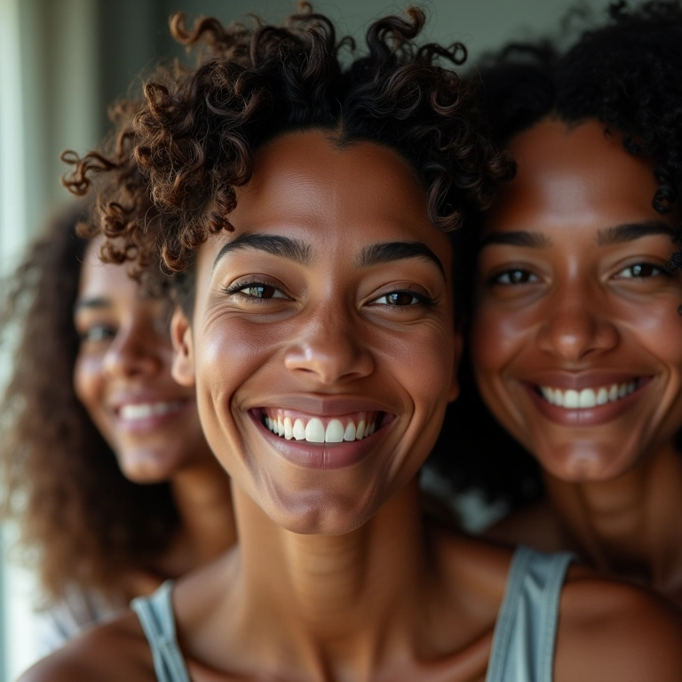 Mulheres diversas exibindo cabelos hidratados e saudáveis, sorrindo em um ambiente aconchegante com decoração brasileira.