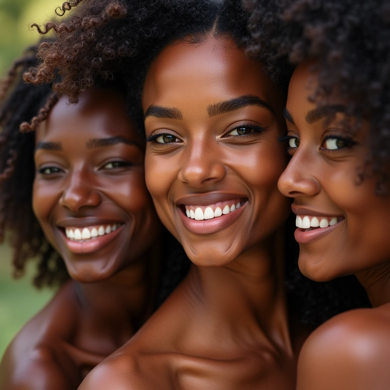Mulheres diversas exibindo cabelos saudáveis e brilhantes após usar produtos com manteiga de karité.